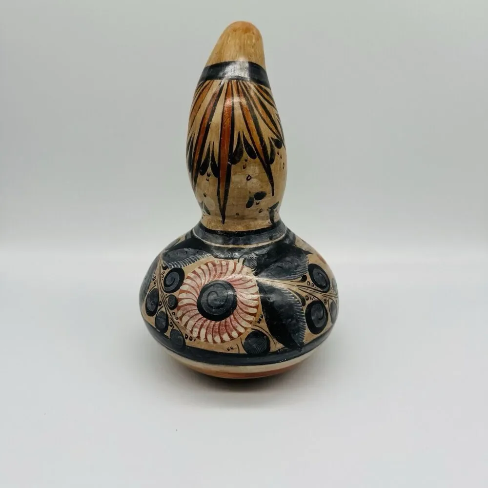 Vintage Tonala Mexican Folk Art Pottery Gourd Water Jug Burnished Clay Rabbit